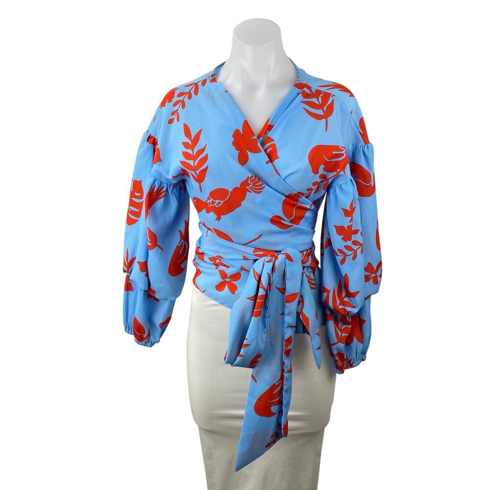 Jealous Tomato Blue Red Floral Long Balloon Sleeve Peplum Wrap Blouse Top Size M